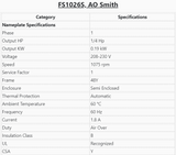 FS1026S, AO Smith, 1/4Hp, 1075 Rpm, 208/230 Volts, Frame: 48Y,