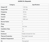 JA2M611N, Magnetek, 1/50Hp, 1550 Rpm, 115 Volts, Frame:3.3,TEAO,