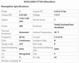 N202, 048S17T383, Marathon, 1/3-1/6Hp,1725/1140 Rpm,115V, Tenv, Frame:48Z,